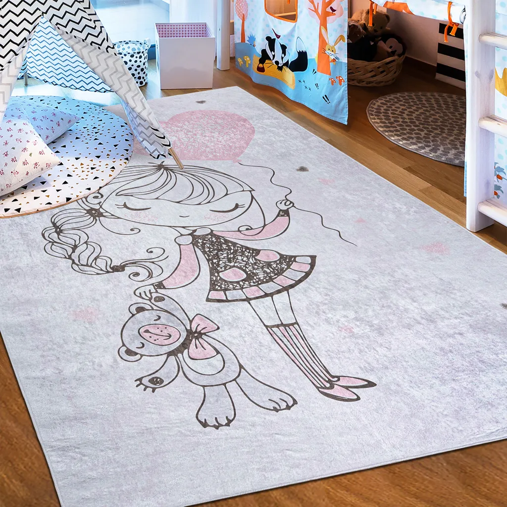 Mazovia Kinderzimmerteppich Antirutsch - Waschbar bis 30 Grad - Ballett Ballerina - Kurzflor Kinderteppich Teppich für Kinderzimmer -   - Teppiche Mädchen Rosa Pink Grau 80 x 150 cm